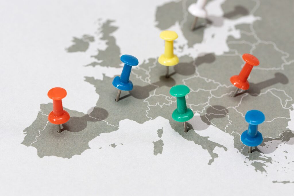 Europe map with colored pushpins